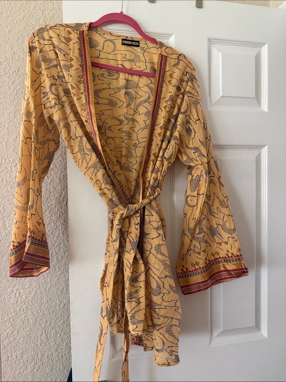 Kimchi Blue Yellow Printed Tie-Waist Kimono with Red Trim - Picture 2 of 4